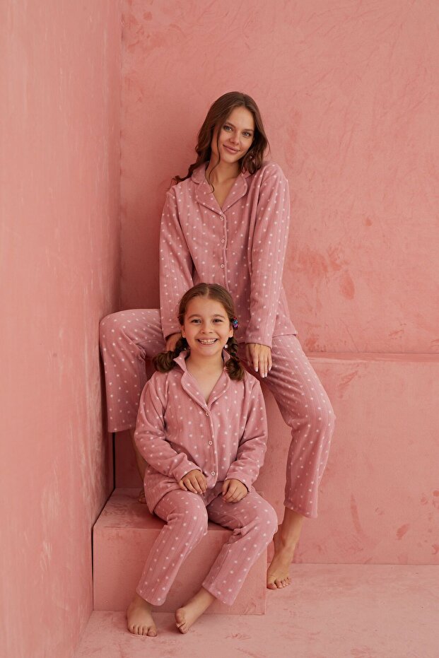 Pudra Yıldız Desenli Önden Düğmeli Polar Pijama Takım - 1