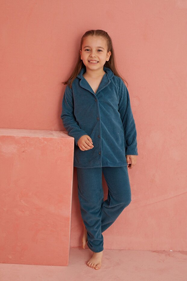 Petrol Düz Önden Düğmeli Polar Pijama Takım - 3
