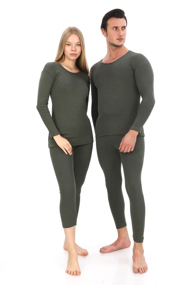 New Season Winter Warm Cotton Thermal Bottom Top Set, Men's & Women's Khaki Couple Underwear Set