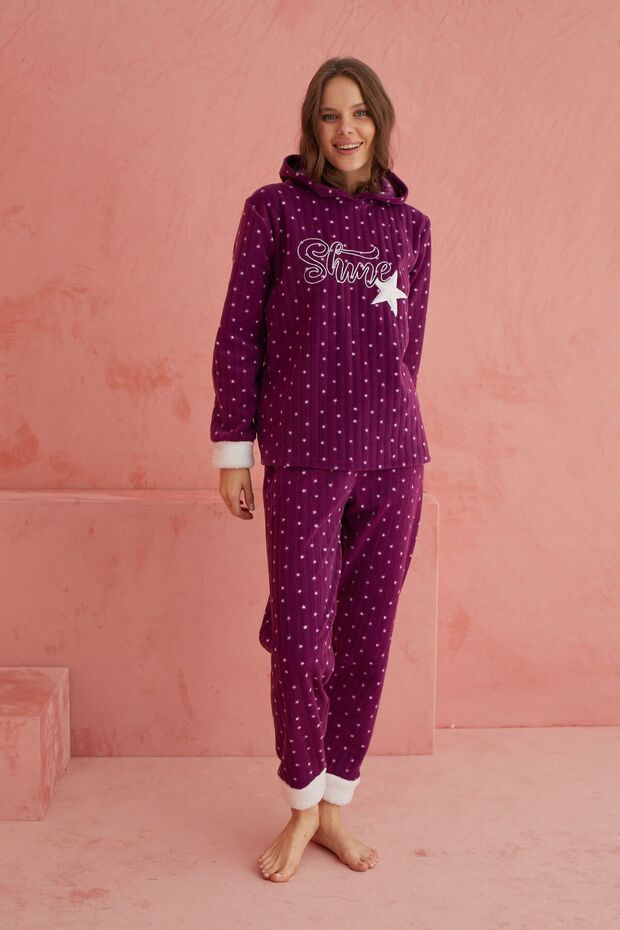 Mor Shine Yıldız Desenli Bisiklet Yaka Peluş Polar Pijama Takım - 2