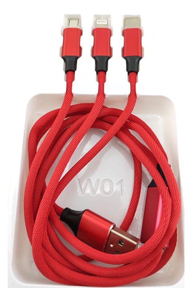1,2 Metre 3 Lü Şarj Kablosu Mikro Usb Type-c Ios Lightning Kablo 2.4a Kırmızı - 2