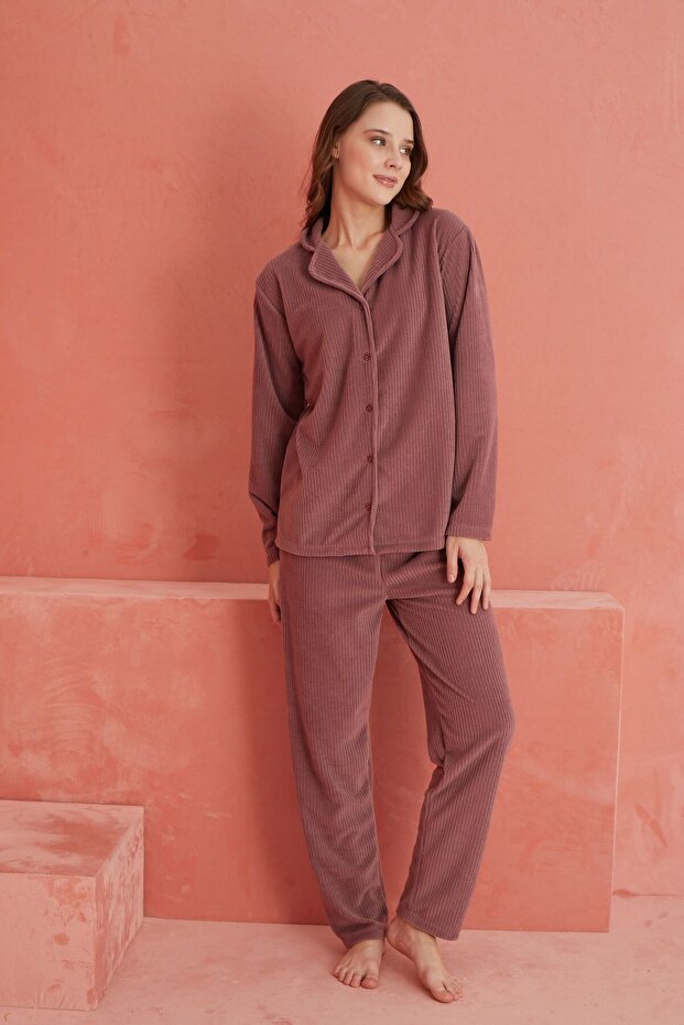 Gül Kurusu Düz Önden Düğmeli Polar Pijama Takım - 2