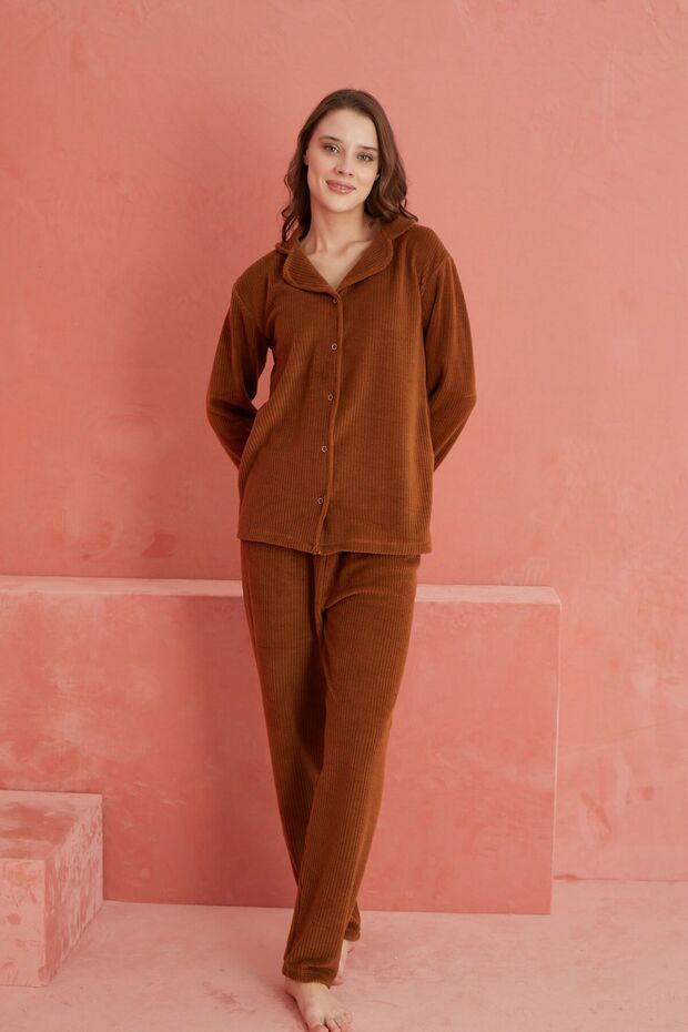 Kahve Düz Önden Düğmeli Polar Pijama Takım - 2