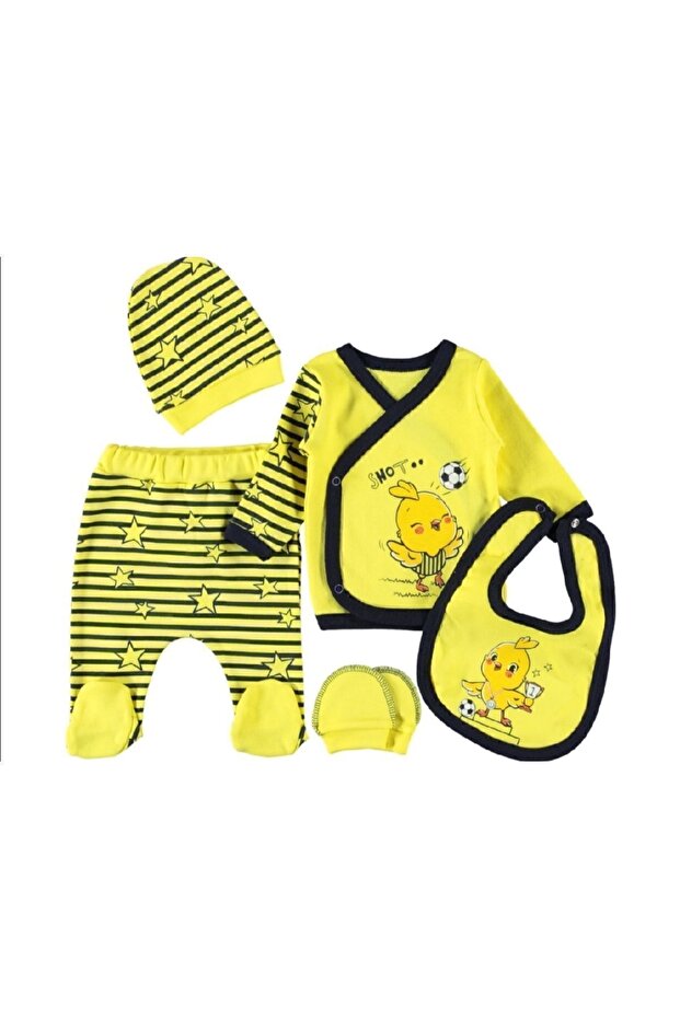 Newborn Yellow Navy Blue Canary Fan 5-Piece Romper Set