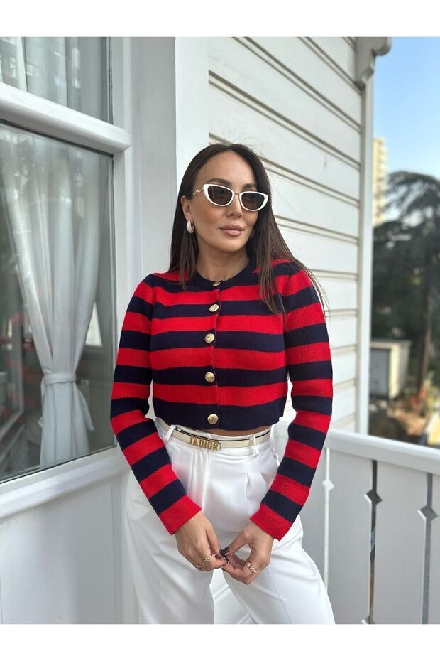 Red Navy Blue Striped Short Cardigan