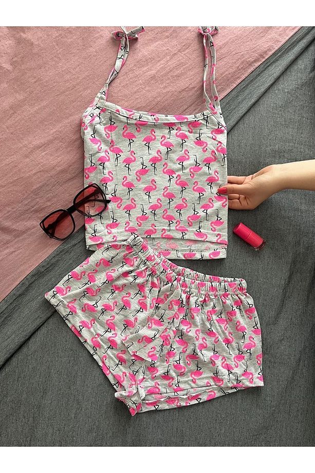 İp Askılı Crop Şortlu Flamingo Desenli  Pijama Takımı - 1