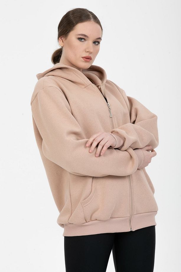 Unisex Soft Camel Oversize Kanguru Cep Detaylı Fermuarlı Sweat - 4