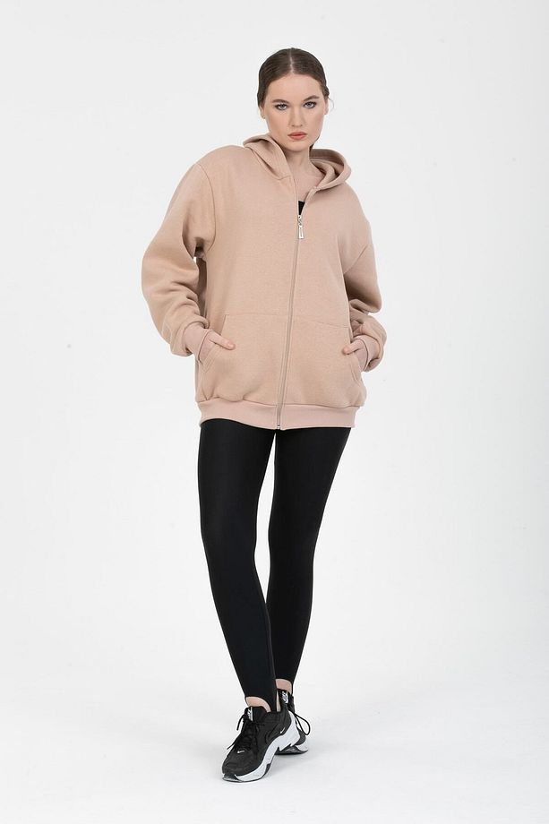 Unisex Soft Camel Oversize Kanguru Cep Detaylı Fermuarlı Sweat - 8