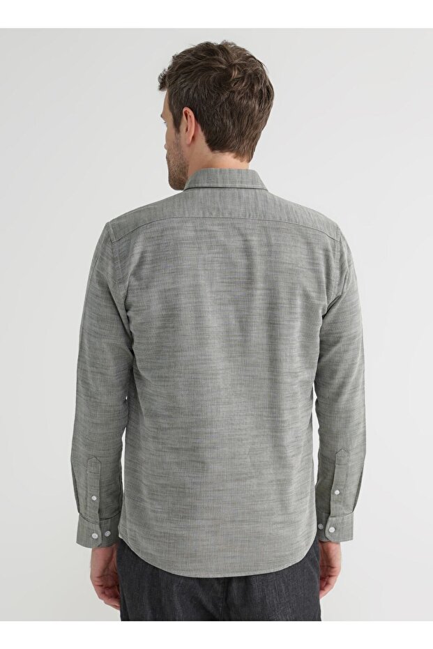 Haki Erkek Düğmeli Basic Armürlü Gömlek NON-KAR - 4