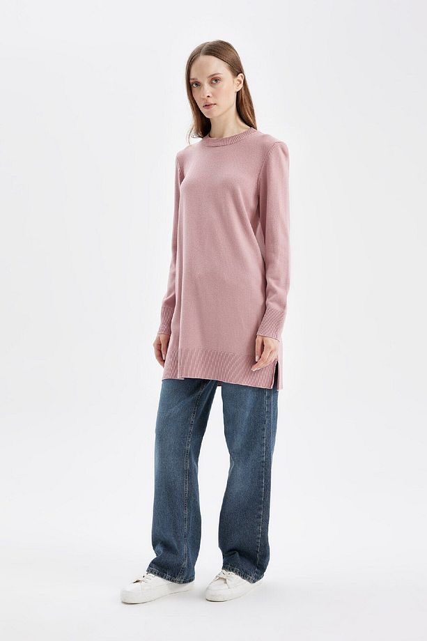 Regular Fit Bisiklet Yaka Yırtmaçlı Basic Düz Triko Kazak Tunik H3431az24au - 2