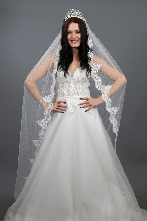 Lurex Tulle Lace Detailed Long Wedding Dress Veil 3 Meters Length Sequin Embroidered Off White Color