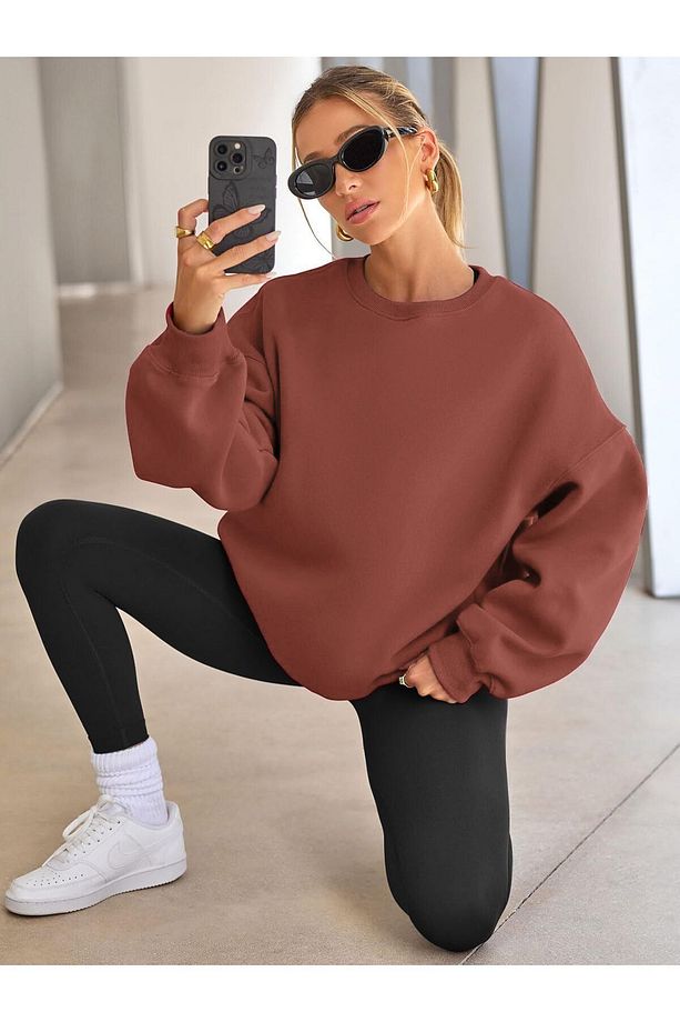 Kadın Bisiklet Yaka Basic Oversize Sweatshirt GÜL KURUSU - 3
