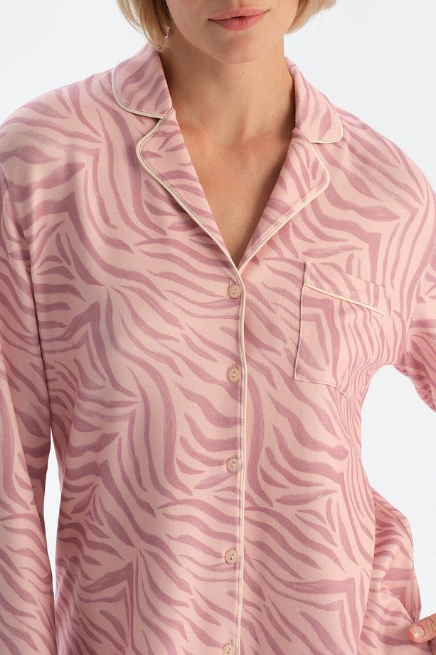 Açık Pembe Zebra Desenli Gömlek Pantolon Pijama Takımı - 5