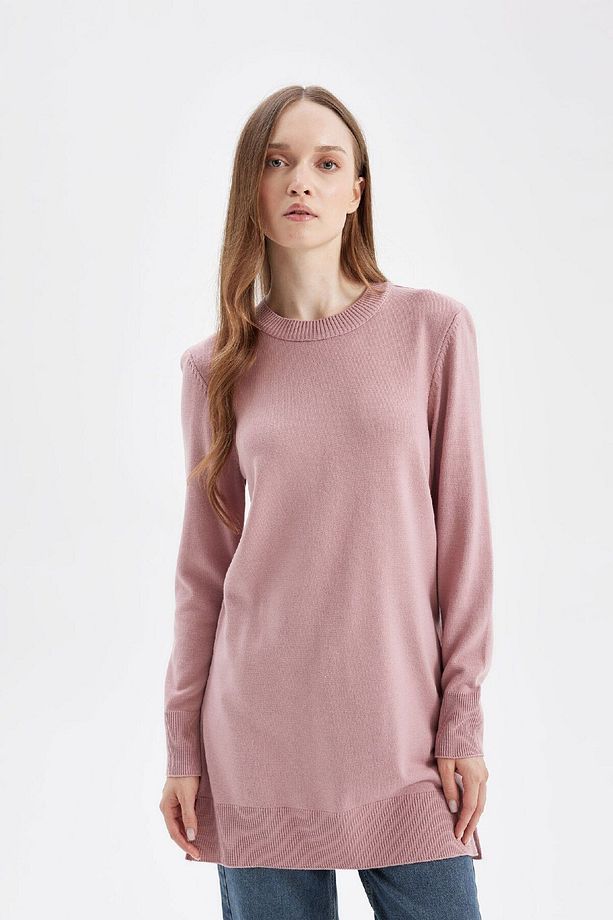 Regular Fit Bisiklet Yaka Yırtmaçlı Basic Düz Triko Kazak Tunik H3431az24au - 3