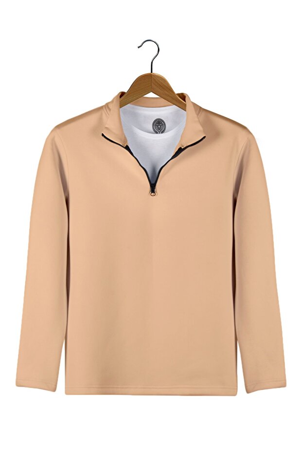 Men's Cream Colored Half Zipper Basic Sweatshirt - 1