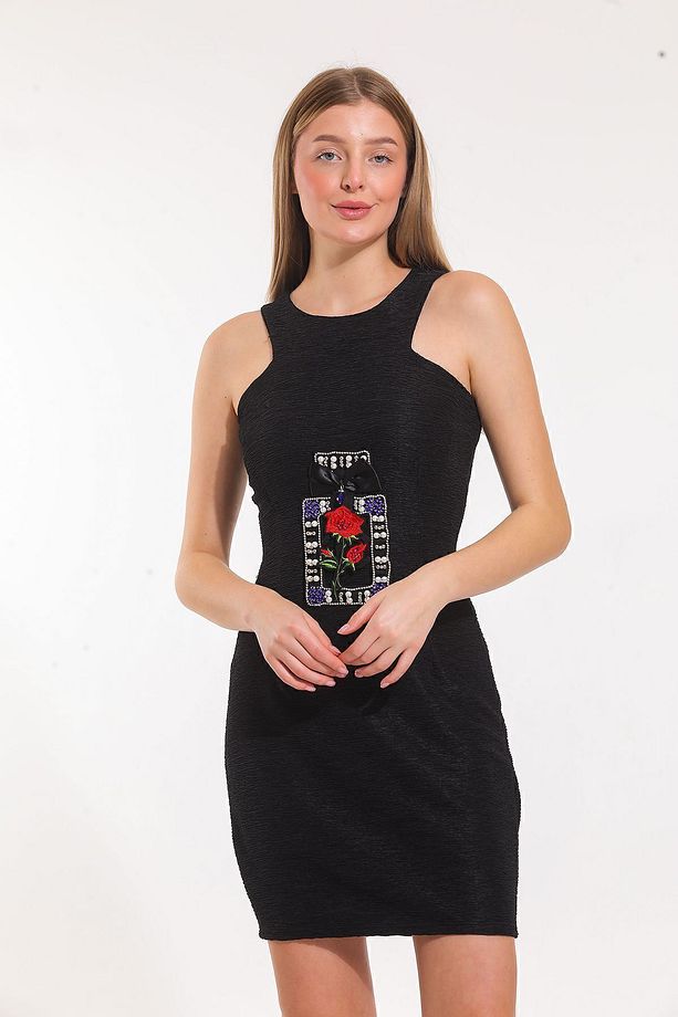 Havuz Yaka On Aplikeli Krinkil Kosuz Elbise | Elb14802 K.siyah, - 2
