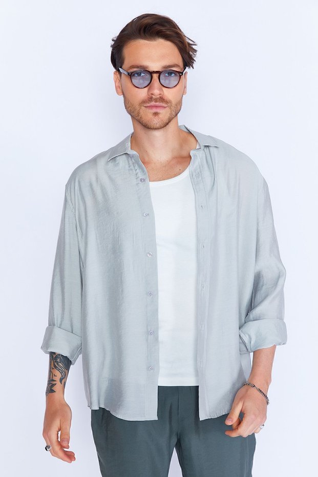 Painting Gray Modal Soft Textured Comfortable Cut Long Sleeve Men's Shirt Ee100128254-8254