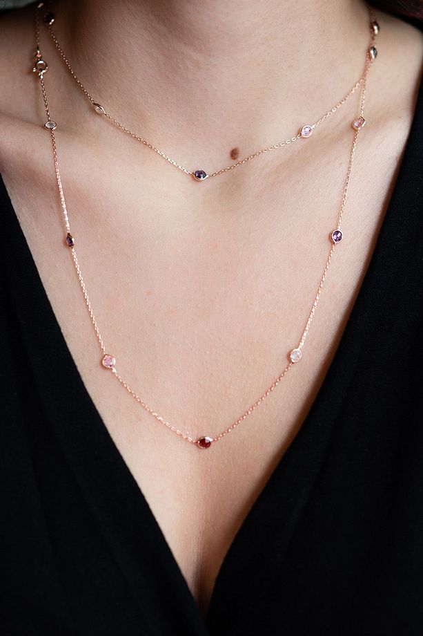 925 Ayar Rose Kaplamalı Multicolour Taşlı Çift Dolamalı Gümüş Kolye - 1
