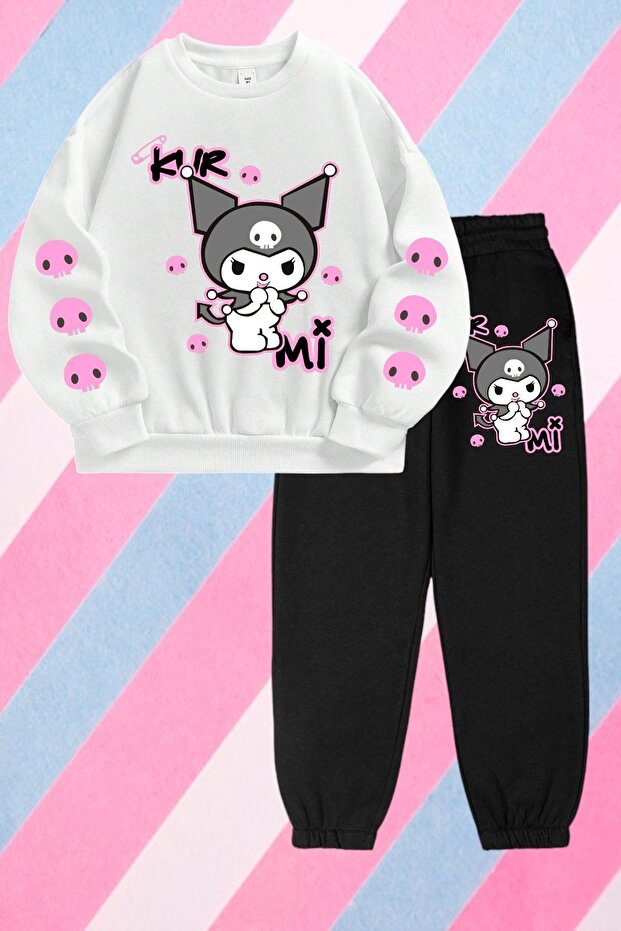 3 Threaded Top White Crew Neck Bottom Black Kurmi Printed Girls Oversize Sweatshirt Tracksuit Set