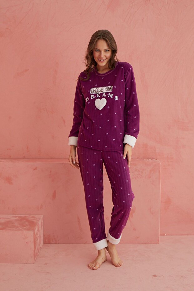 Mor Dreams Kalp Desenli Bisiklet Yaka Peluş Polar Pijama Takım - 2