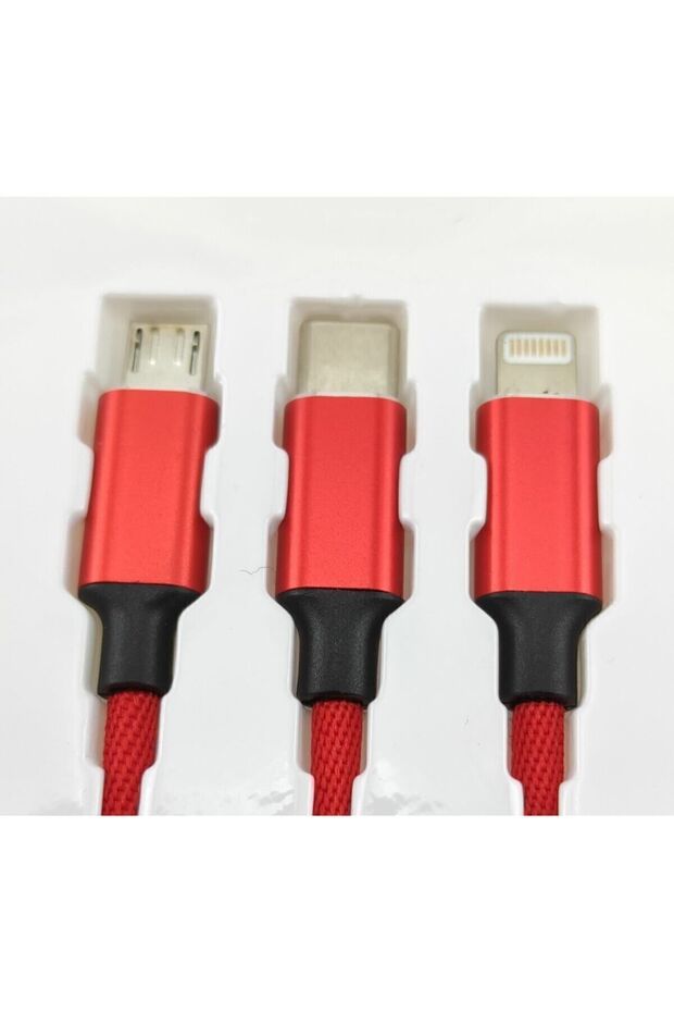 1,2 Metre 3 Lü Şarj Kablosu Mikro Usb Type-c Ios Lightning Kablo 2.4a Kırmızı - 4