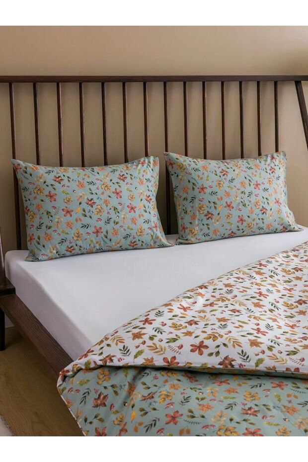 LCW HOME Mat Yeşil Çiçek Desenli Çift Kişilik Nevresim Seti - 3