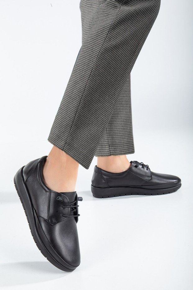 Women's Inside and Outside Genuine Leather Heel Gel Laced Comfortable Mold Orthopedic Daily Mother Shoes