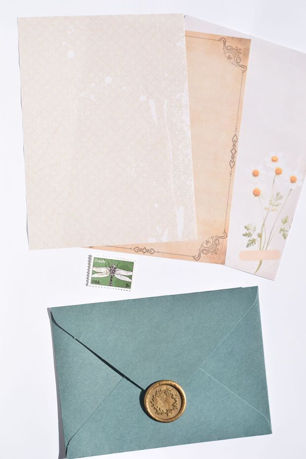 Green Envelope Sealed Letter Set / Vintage Scrapbook, Gift