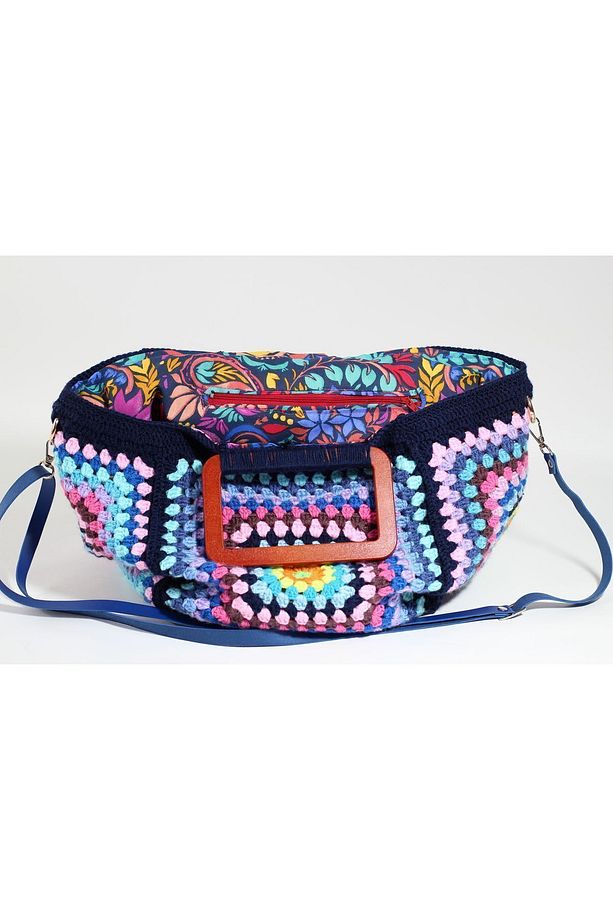 Mavi Motif Detaylı El Örgüsü Handmade Bohem Tarzı Omuz Çantası - 5