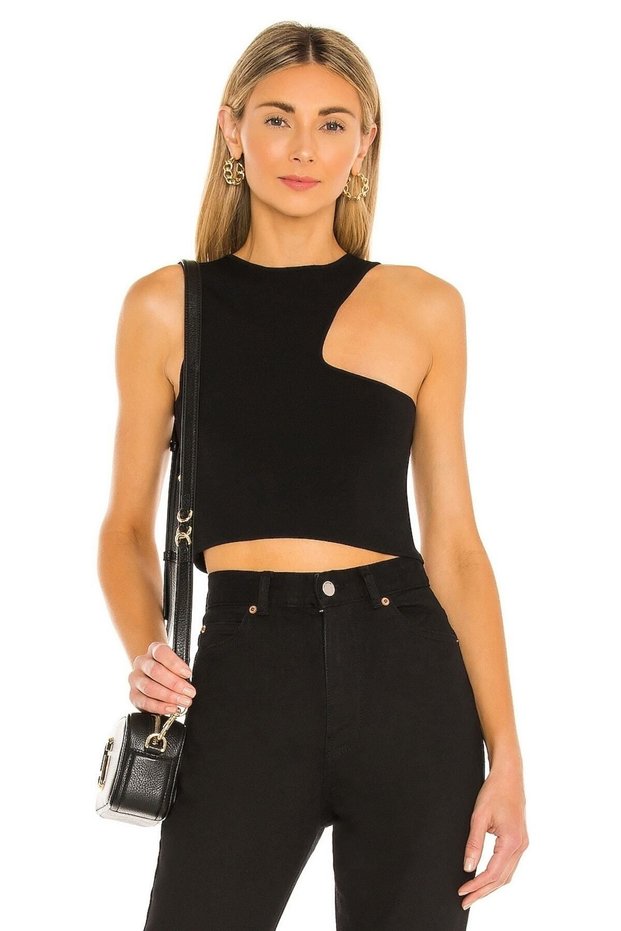 WOMEN'S BLACK ASYMMETRICAL CUT JERSEY Cropped TOP