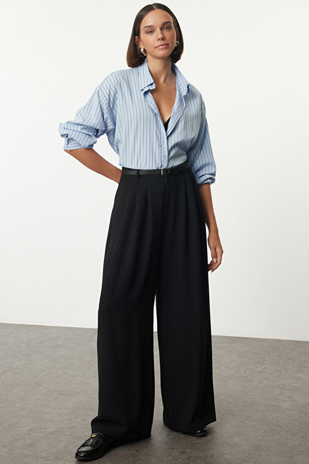 Siyah Kemerli Pilili Wide Leg/Extra Geniş Paça Dokuma Palazzo Pantolon TWOAW25PL00032 - 1