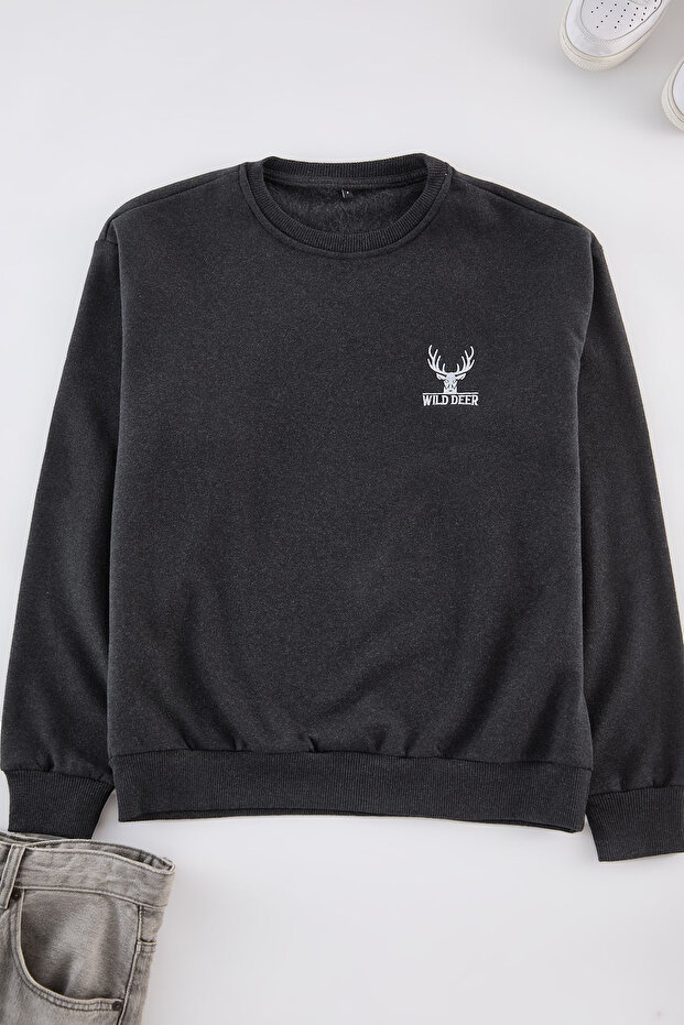 Antrasit Melanj Oversize/Geniş Kesim Uzun Kol Hayvan Nakışlı Sweatshirt TMNAW24SW00164 - 2