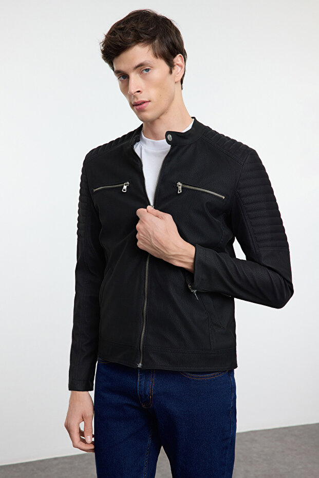 Siyah Slim Fit Fermuar Detaylı Deri Kışlık Rüzgara ve Suya Dayanıklı Biker Ceket Mont TMNAW25MO00046 - 4