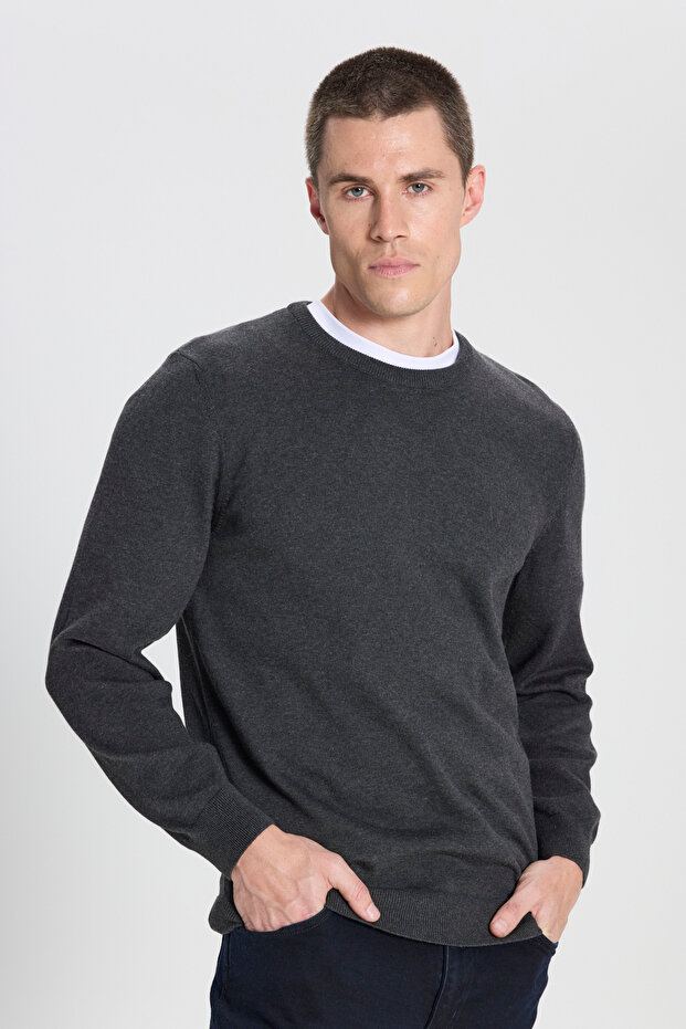 Regular Fit Regular Cut Crew Neck Gray Melange Men's Knitwear Sweater