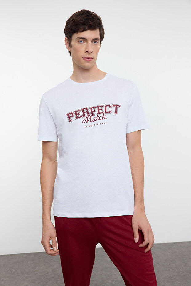 Ekru - Bordo Regular Fit Örme Couple/Çift %100 Pamuklu Pijama Takımı TMNAW25PT00047 - 3