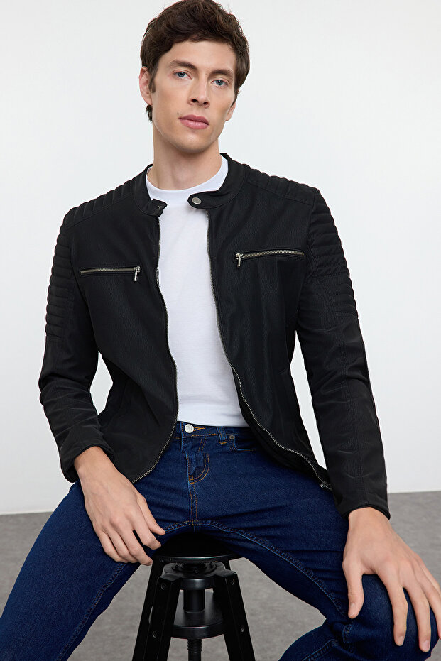Siyah Slim Fit Fermuar Detaylı Deri Kışlık Rüzgara ve Suya Dayanıklı Biker Ceket Mont TMNAW25MO00046 - 1