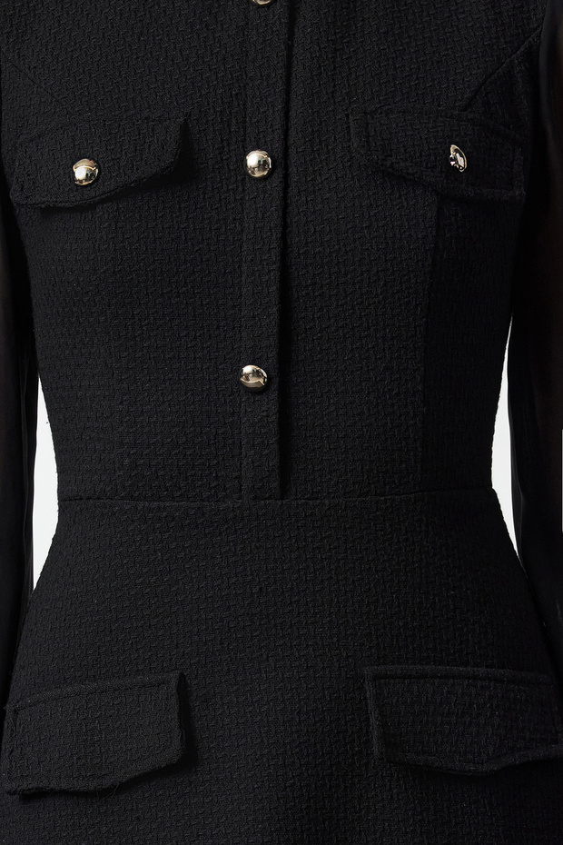 Gewebtes Mini-Tweed-Kleid – Stehkragen, Chiffon-Detail, schwarzes Skater-Modell TWOAW25EL00257 - 3