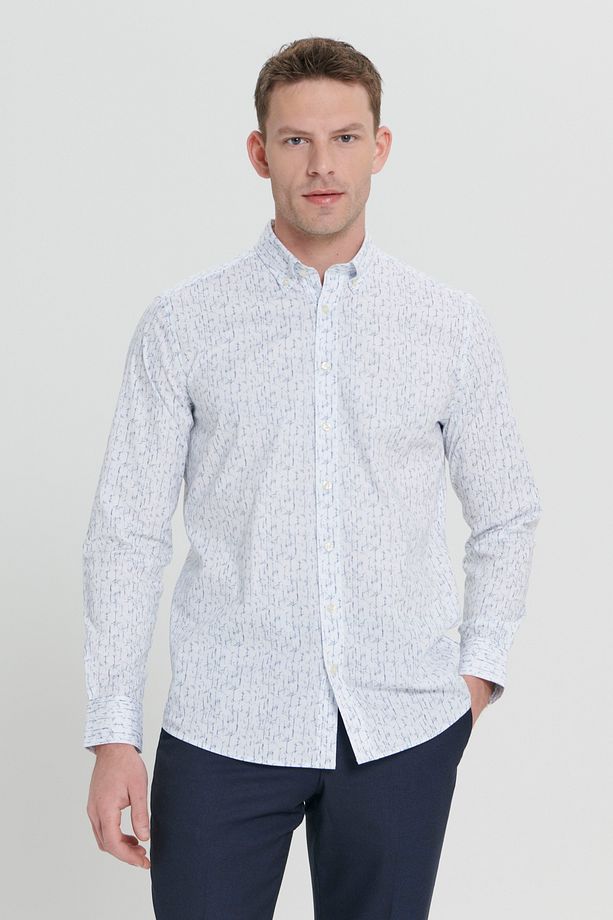 Erkek Beyaz-Lacivert Slim Fit Dar Kesim Klasik Yaka Pamuklu Armürlü Gömlek - 6