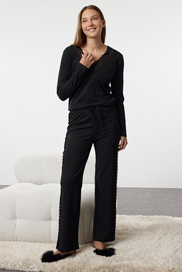 Siyah %100 Pamuklu Dantelli Örme Pijama Takımı THMAW25PT00096 - 2