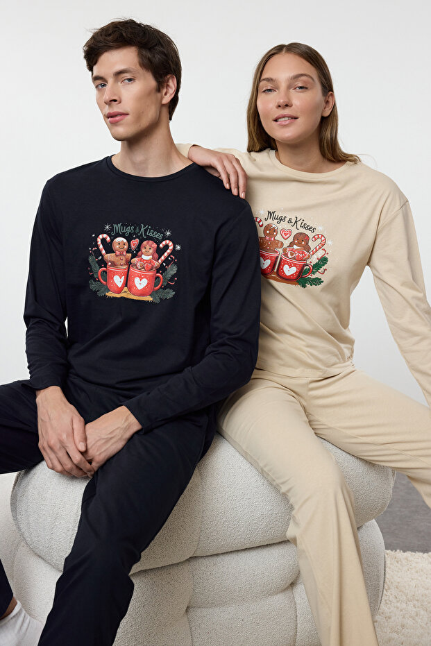Kadın Couple/Çift Bej %100 Pamuklu Kış Yılbaşı Temalı Örme Pijama Takımı THMAW25PT00162 - 1