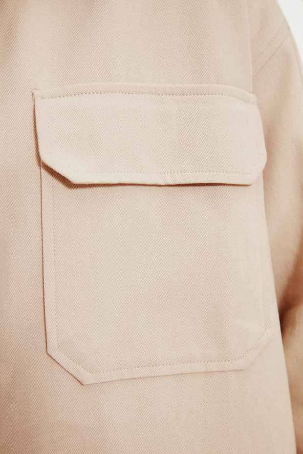 Krem Gabardin Kumaş Safari Cep Detaylı Çıtçıt Detay Gömlek-Pantolon Dokuma Takım TCTAW22US0013 - 5