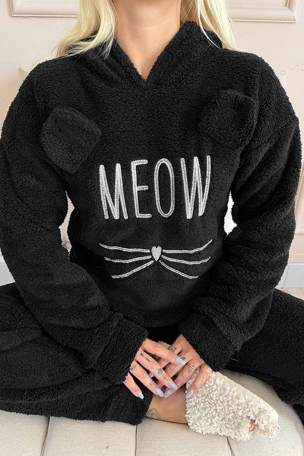 Siyah Meow Desenli Tam Peluş Pijama Takımı - 7