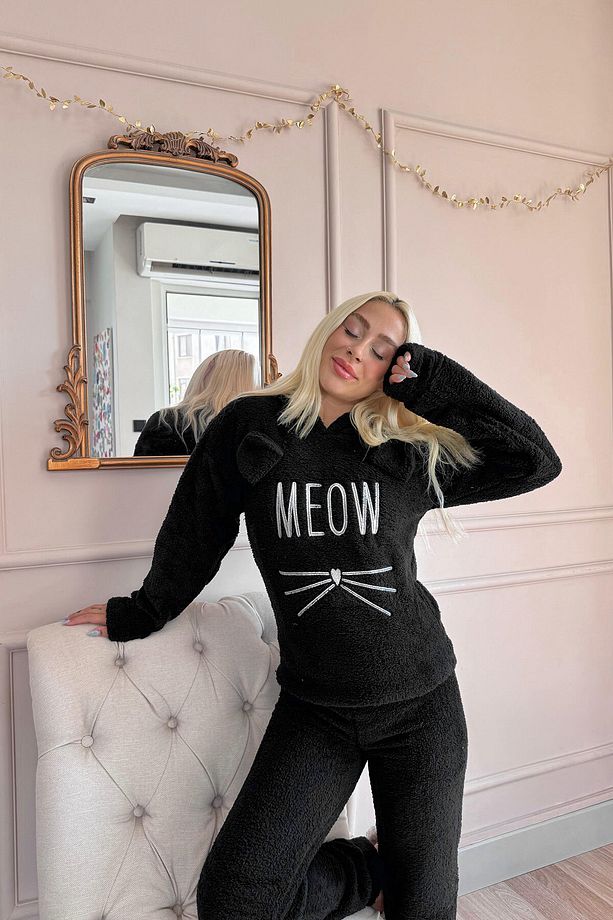 Siyah Meow Desenli Tam Peluş Pijama Takımı - 5