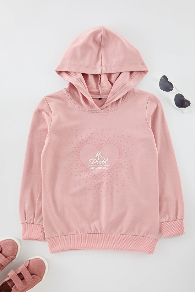 Pudra Kız Çocuk Kalp Pamuklu Örme Sweatshirt TKDAW25SW00012 - 1