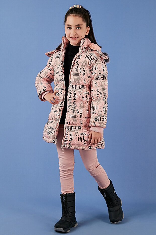 Faux Fur Text Printed Removable Hooded Plush Lined Winter Coat Girls Child MON