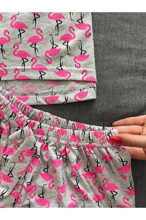İp Askılı Crop Şortlu Flamingo Desenli  Pijama Takımı - 3