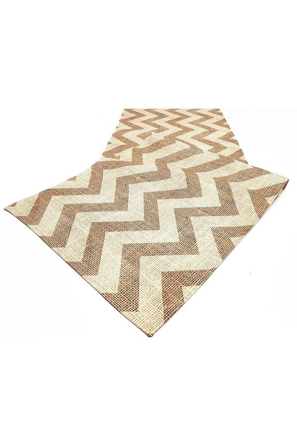 Çuval Görünüm Krem Zigzag Desenli Dekoratif Runner - 3