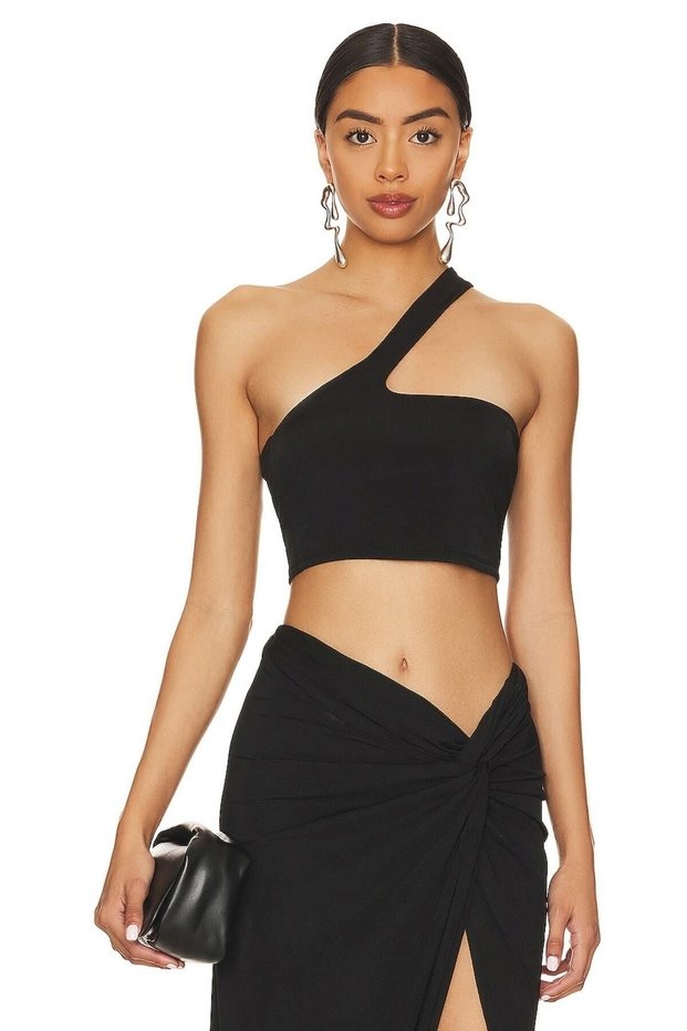 Women's Black Asymmetric Cut Jersey Crop Top