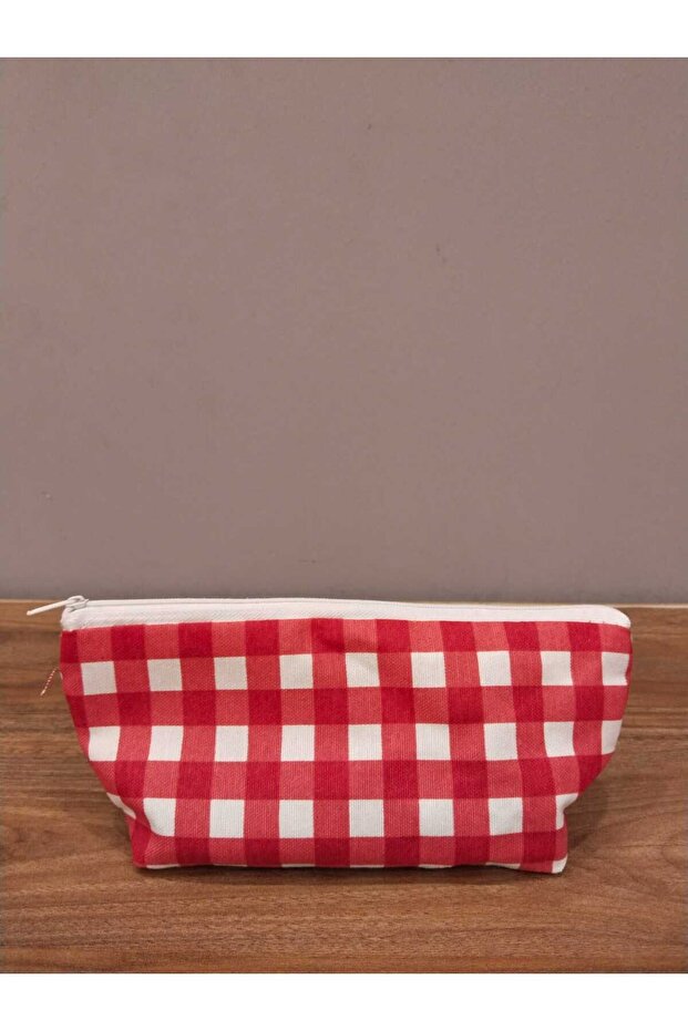 Red Gingham Washable Zippered Single Eye Cloth Pen Holder Makeup Bag
