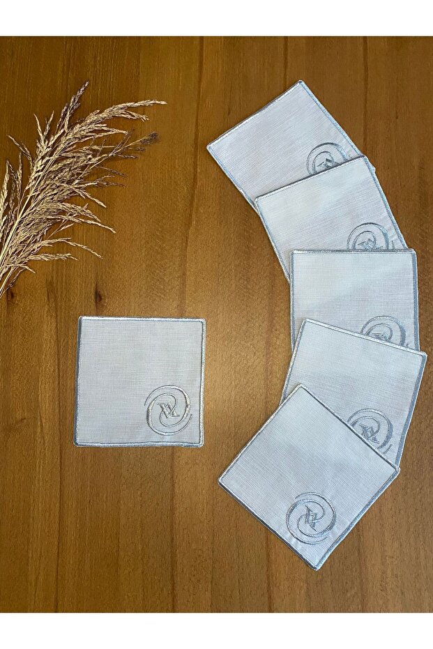 6 Pieces Gardenia Linen Silver Color Stylish Patterned Cocktail Presentation Napkin